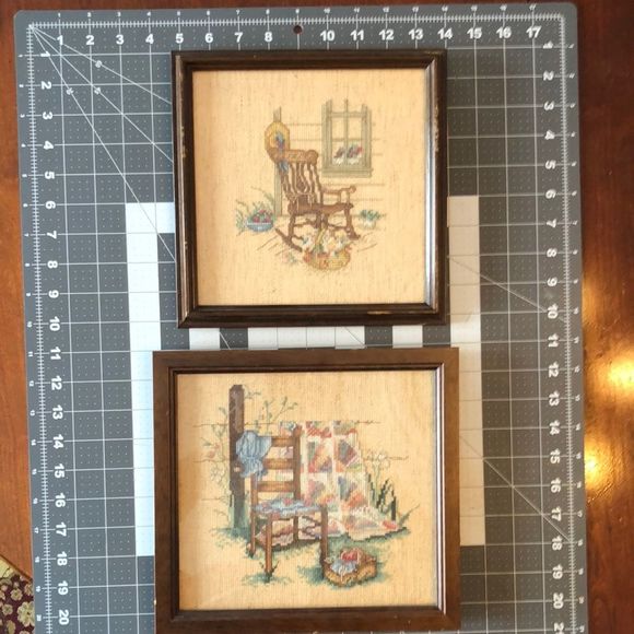 Two matching framed cross stitch pieces depicting flowers/antique chairs/quilt - Picture 1 of 16